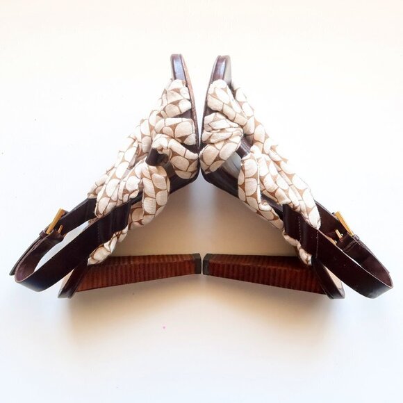 LAMB Brown Leather & Cream Canvas Sling-back Open Toe Sandals / Heels / Shoes 7. - Picture 12 of 14